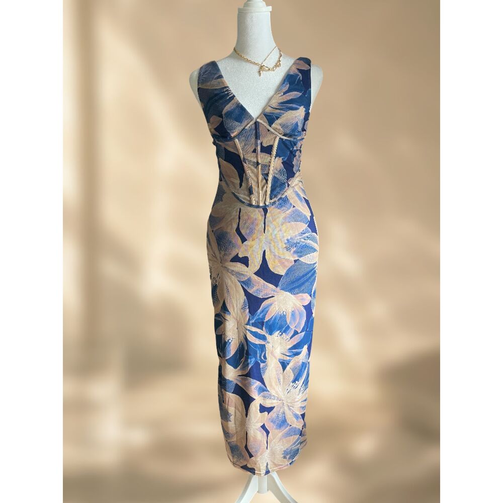 VICI Navy Beige Floral Mesh Corset Bodice Midi Dress V-Neck Wide Strap Small